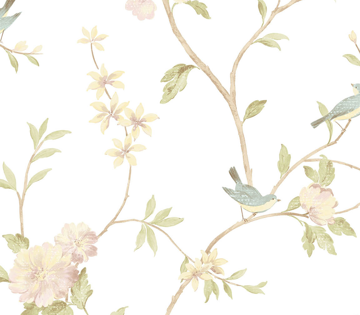 multi colour floral trail with birds wallpaper
