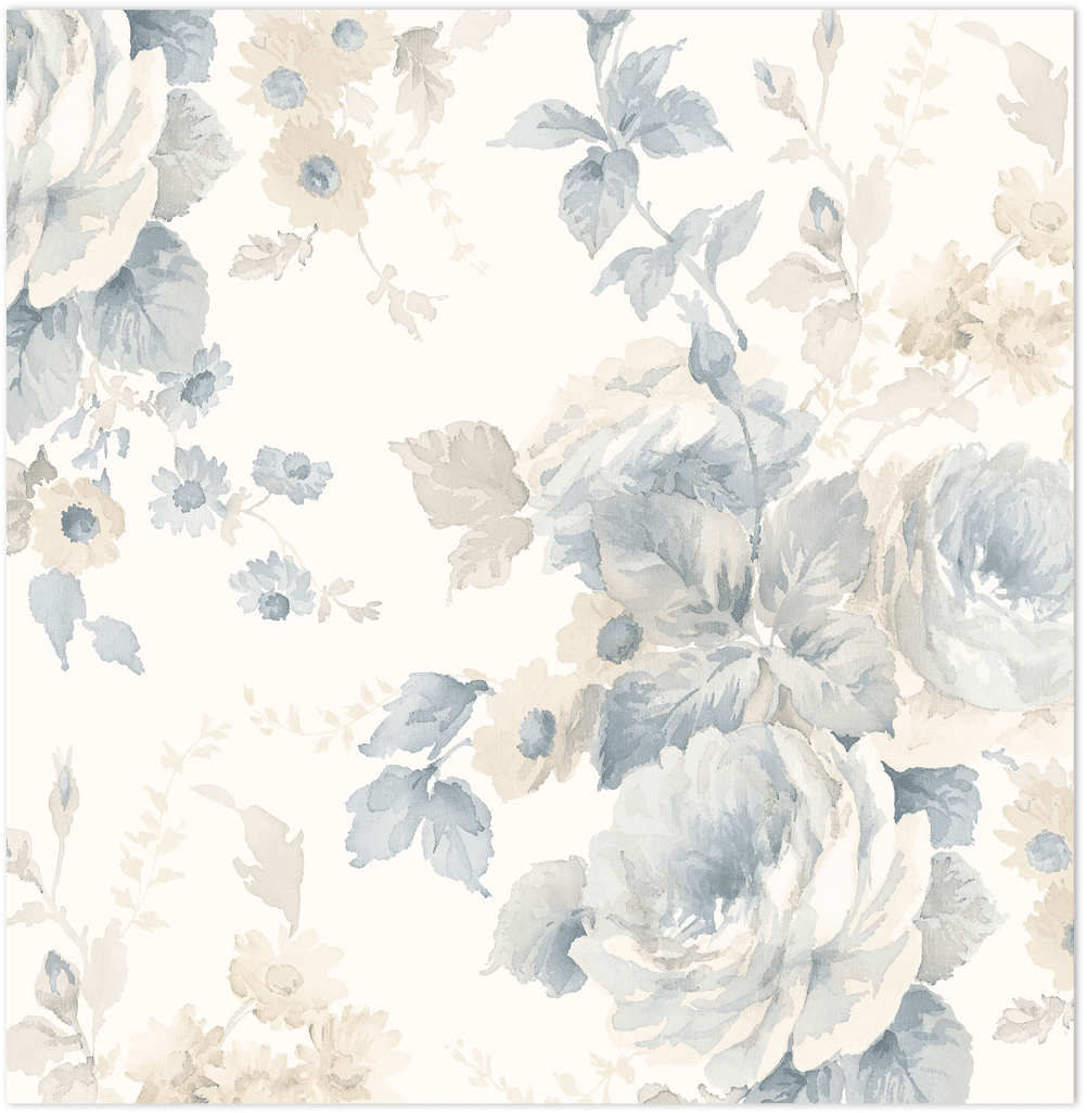 Beige and blue floral with a light cream choke wallpaper