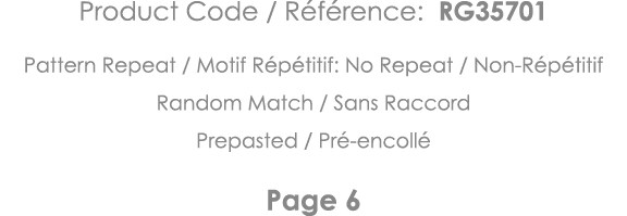 Product Code   Référence: RG35701 Pattern Repeat   Motif Répétitif: No Repeat   Non-Répétitif Random Match   Sans Rac   