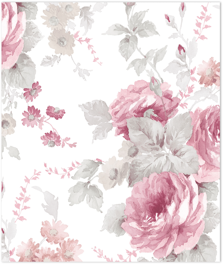 Pink and grey floral on paper white wallpaper