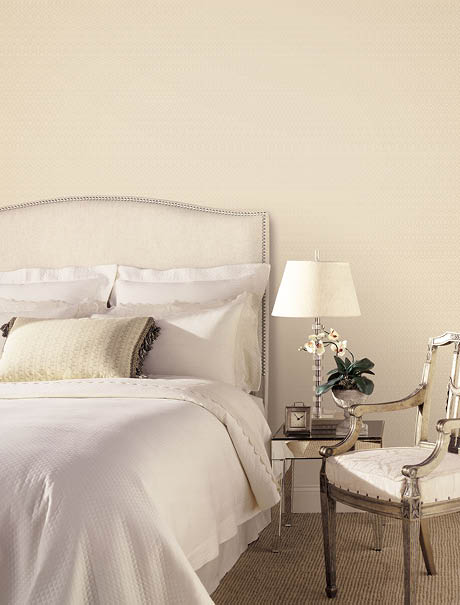 bedroom with dark cream small damask silks wallpaper