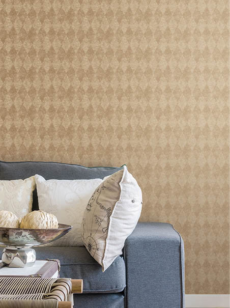 living room with  gold silks rhombus wallpaper