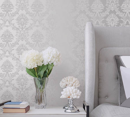 Silver damask silks wallpaper in a modern bedroom
