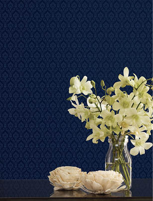 Vignette with navy blue small damask wallpaper