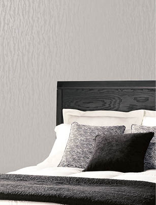 bedroom with silver light reflective pattern wallpaper