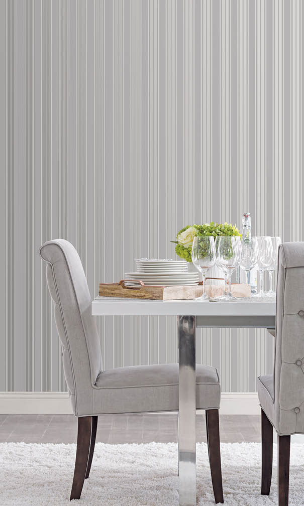 Dining room with silver stripe embossed silks wallpaper