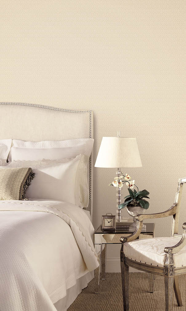 bedroom with dark cream small damask silks wallpaper