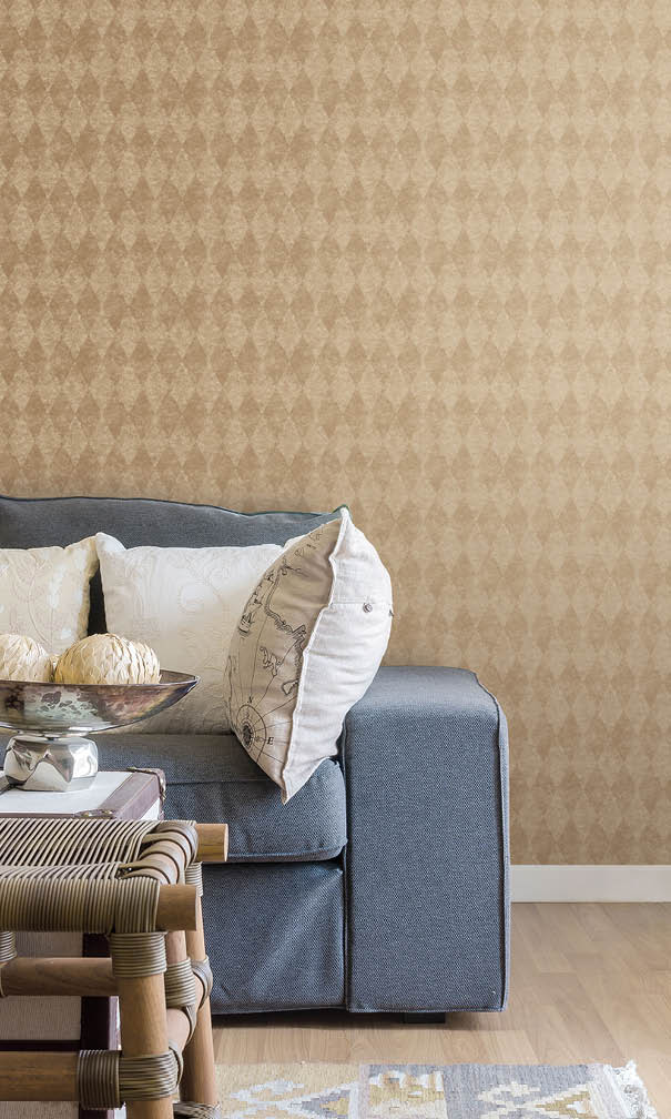 living room with  gold silks rhombus wallpaper