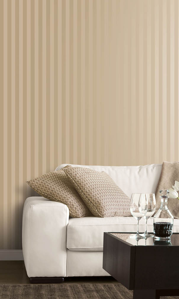 modern living room with cream matt and shiny stripe silks wallpaper