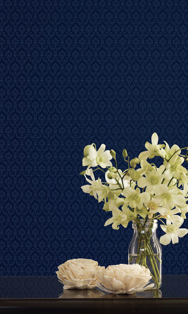 Vignette with navy blue small damask wallpaper