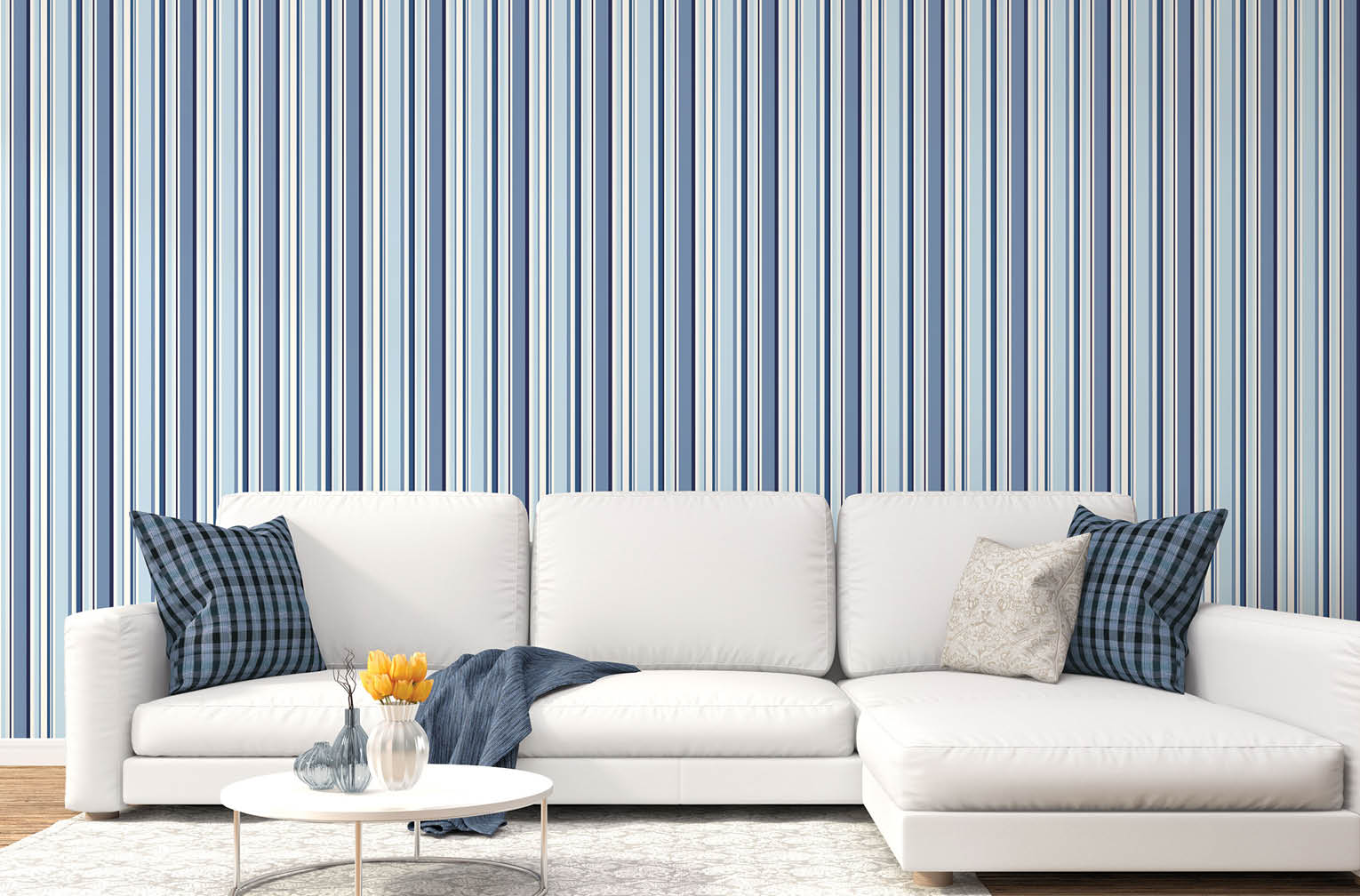 Living room with multi blue stripe wallpaper