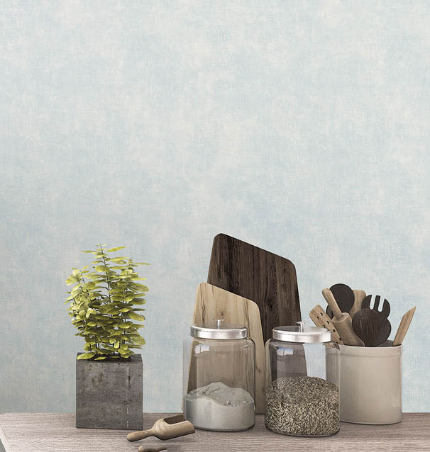 Living room with blue texture wallpaper