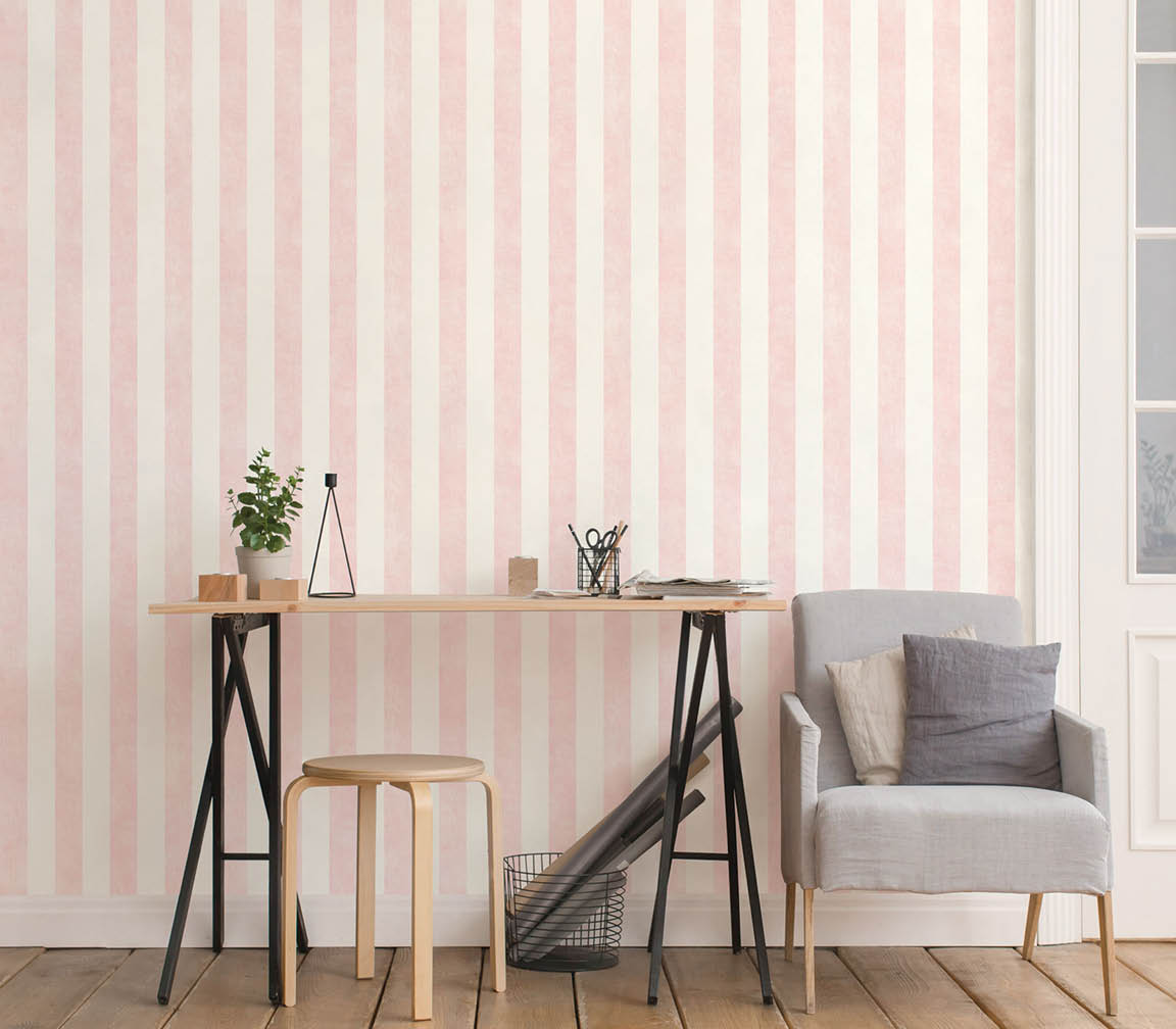 Office with pink and cream textured stripe wallpaper