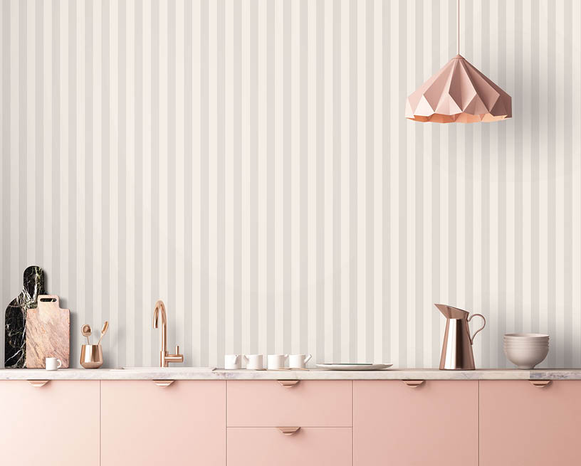 kitchen with grey and cream stripe wallpapepr