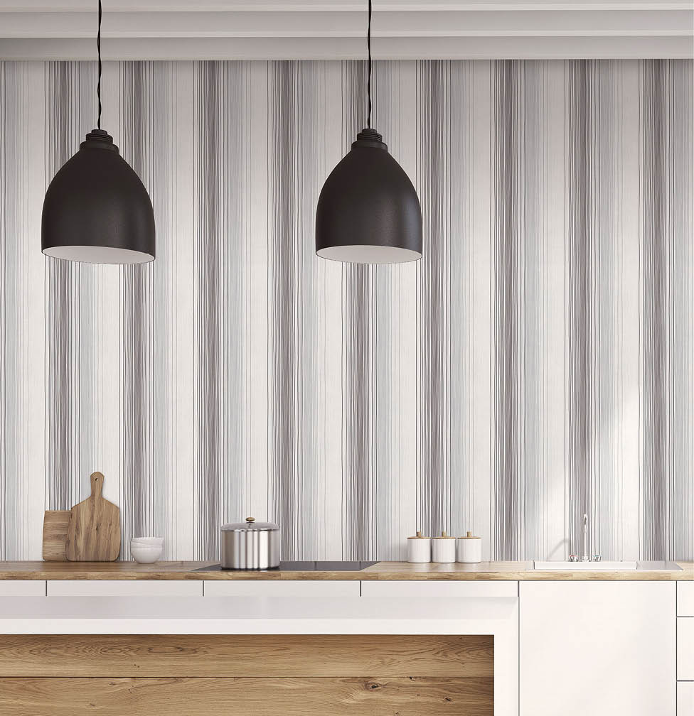 Kitchen with multi stripes in black and grey wallpaper