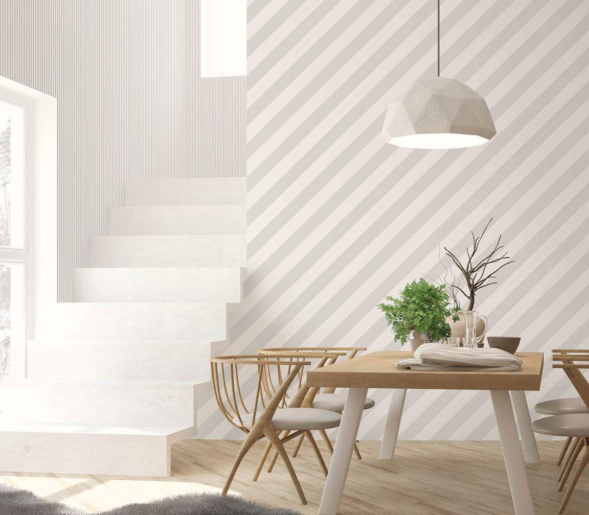 Dining room with striped wallpaper