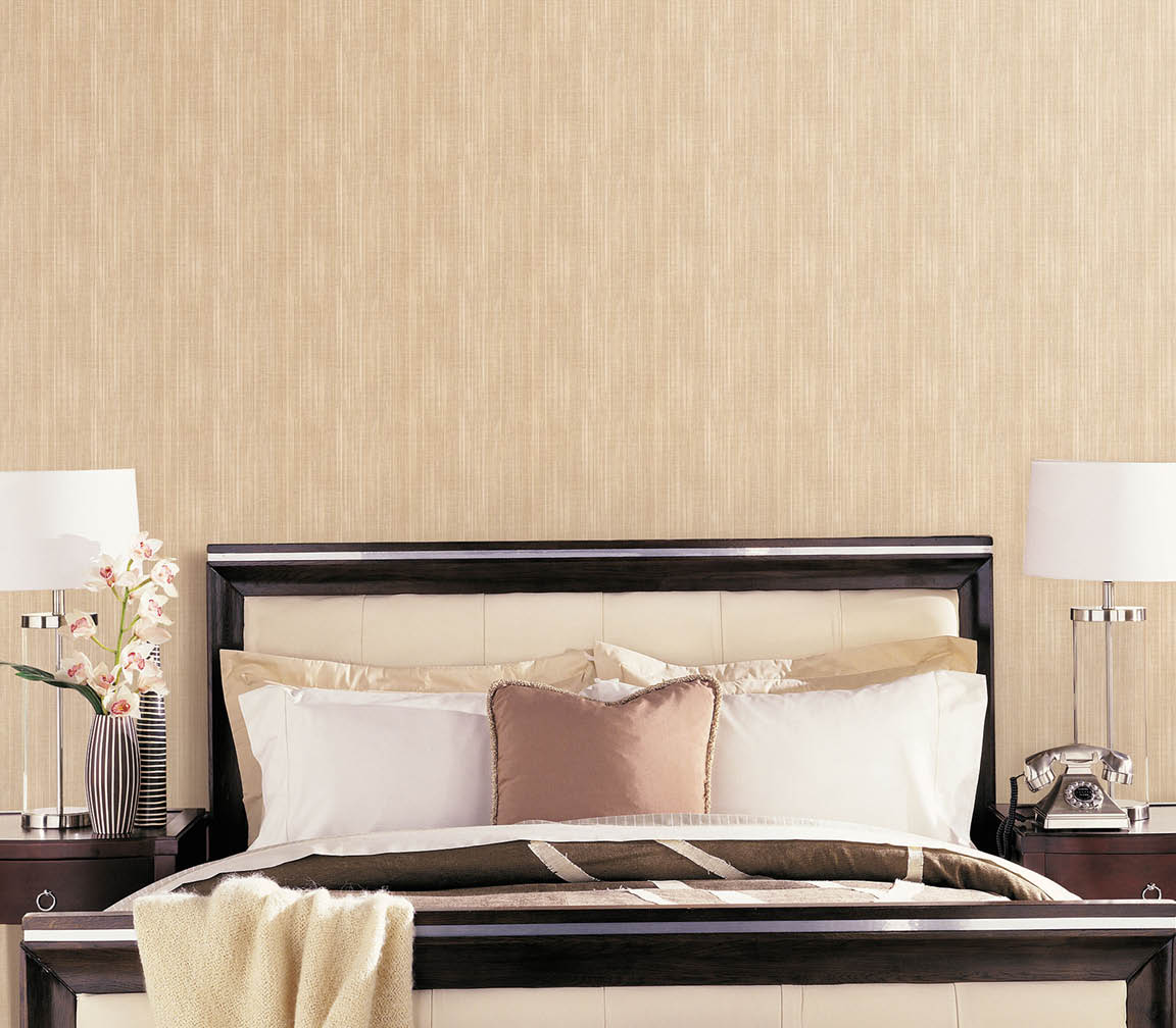 Bedroom with dark beige grasscloth texture wallpaper