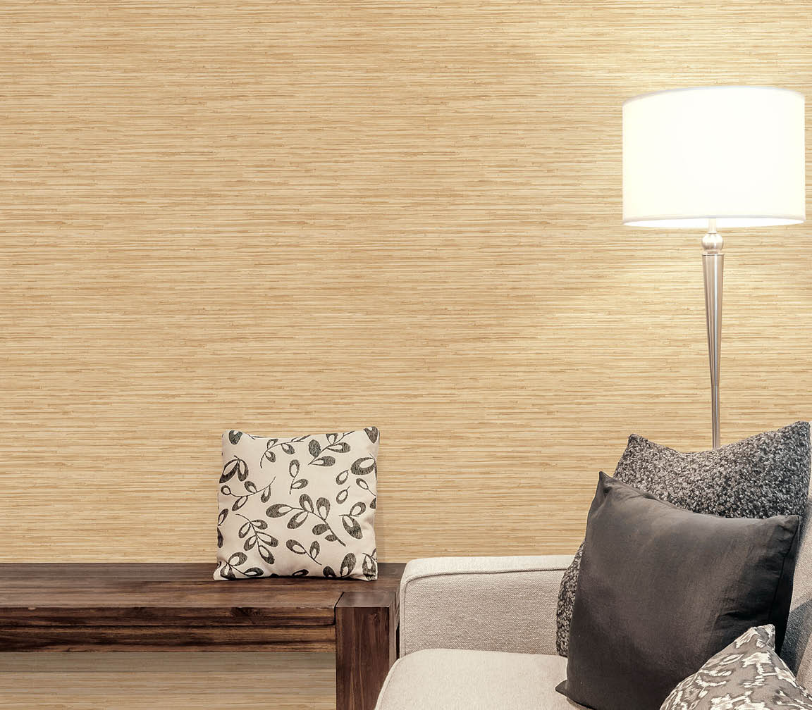 Living room with ochre faux grasscloth texture wallpaper