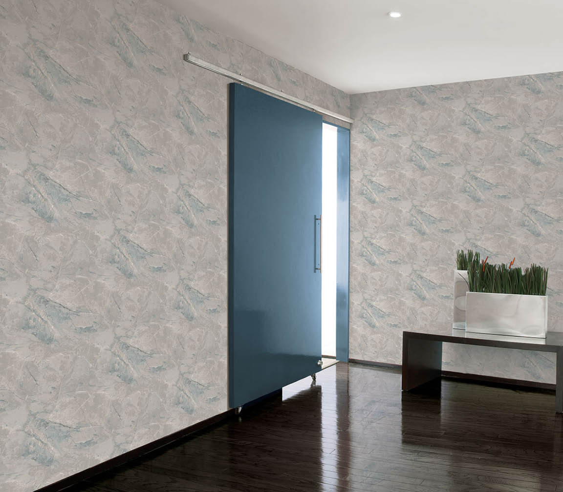 entrance way with grey and blue marble texture wallpaper