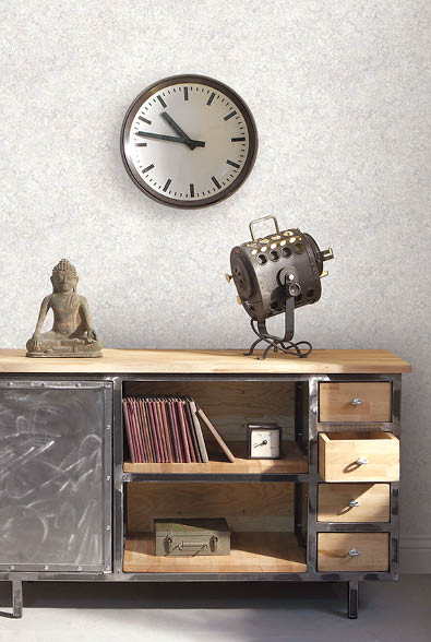 Vignette of desk with grey and brown stone textured wallpaper